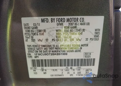 2011 Ford Escape Xlt z USA, uszkodzony, nr VIN 1FMCU9D72BKB91999